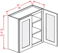 Gunnison Shaker Wall Glass Door Cabinet- 30"W X 42"H X 12"D-2D-3S