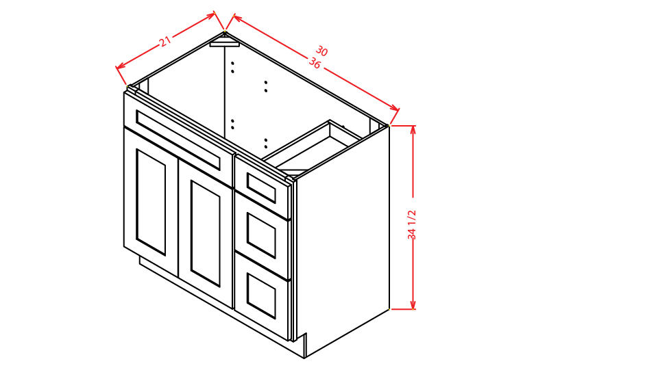 Artisan Shaker Vanity Sink Base  - 36"W X 21"D X 34-1/2"H (Right)