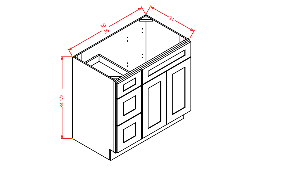 Natural Shaker Vanity Sink Base - 36"W X 21"D X 34-1/2"H (Left)