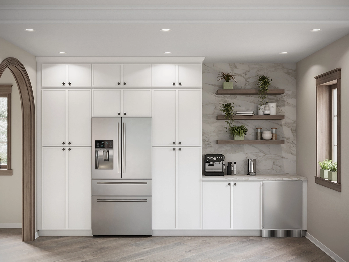 low profile white shaker pantry cabinets