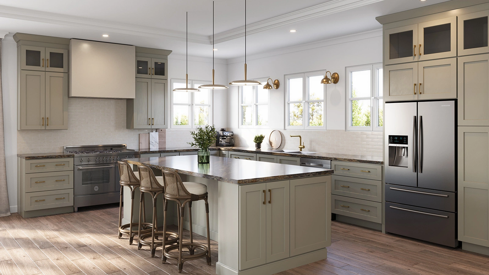 green shaker kitchen island