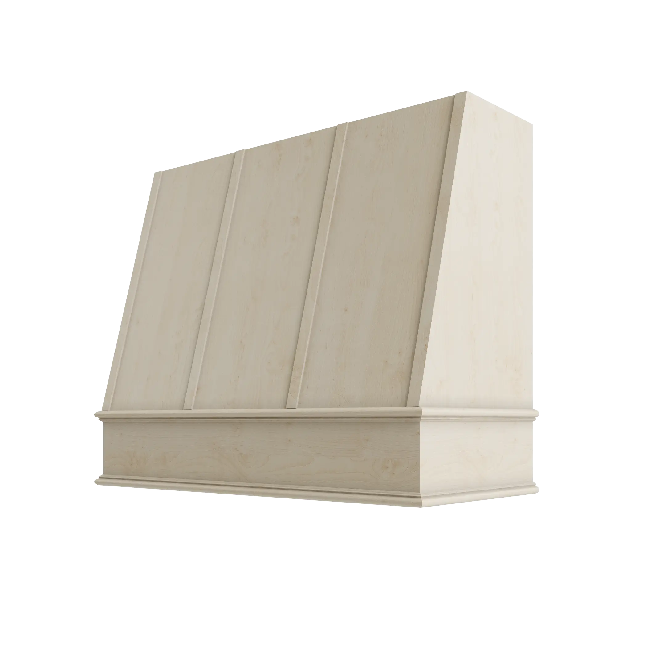 Wood Wall Mount Range Hood with Flat Trim and Strapping – Angled Style