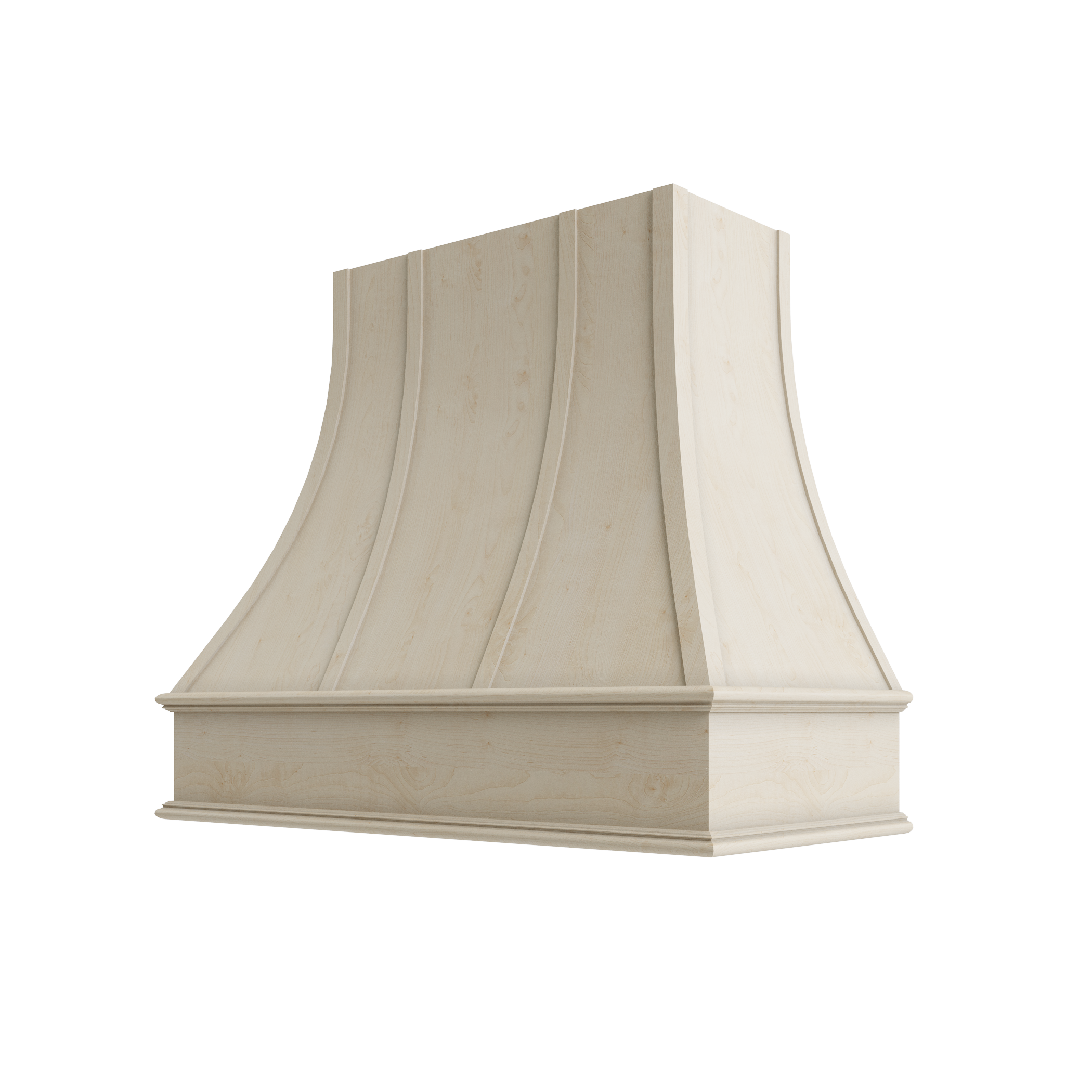 Wood Wall Mount Range Hood with Flat Trim and Strapping – Curved Style