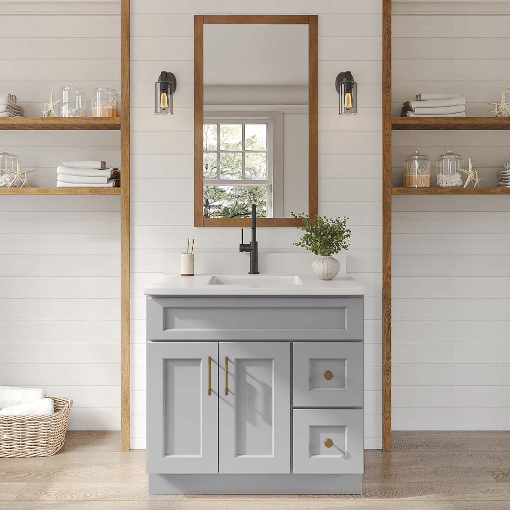 Florence Grey Shaker Double Door Vanity Combo Cabinet With Right Drawer - 36"W x 34-1/2"H