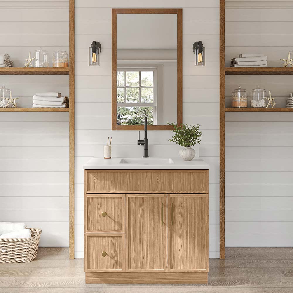 Slim White Oak Vanity Sink Base Left Drawer Stacking Cabinet - 36" W