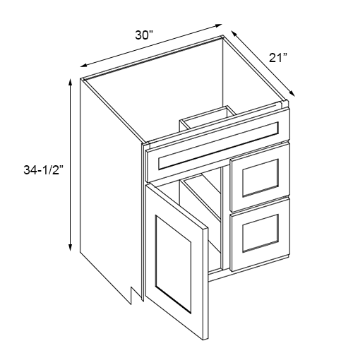 Slim White Oak Vanity Sink Base Right Drawer Stacking Cabinet - 30" W