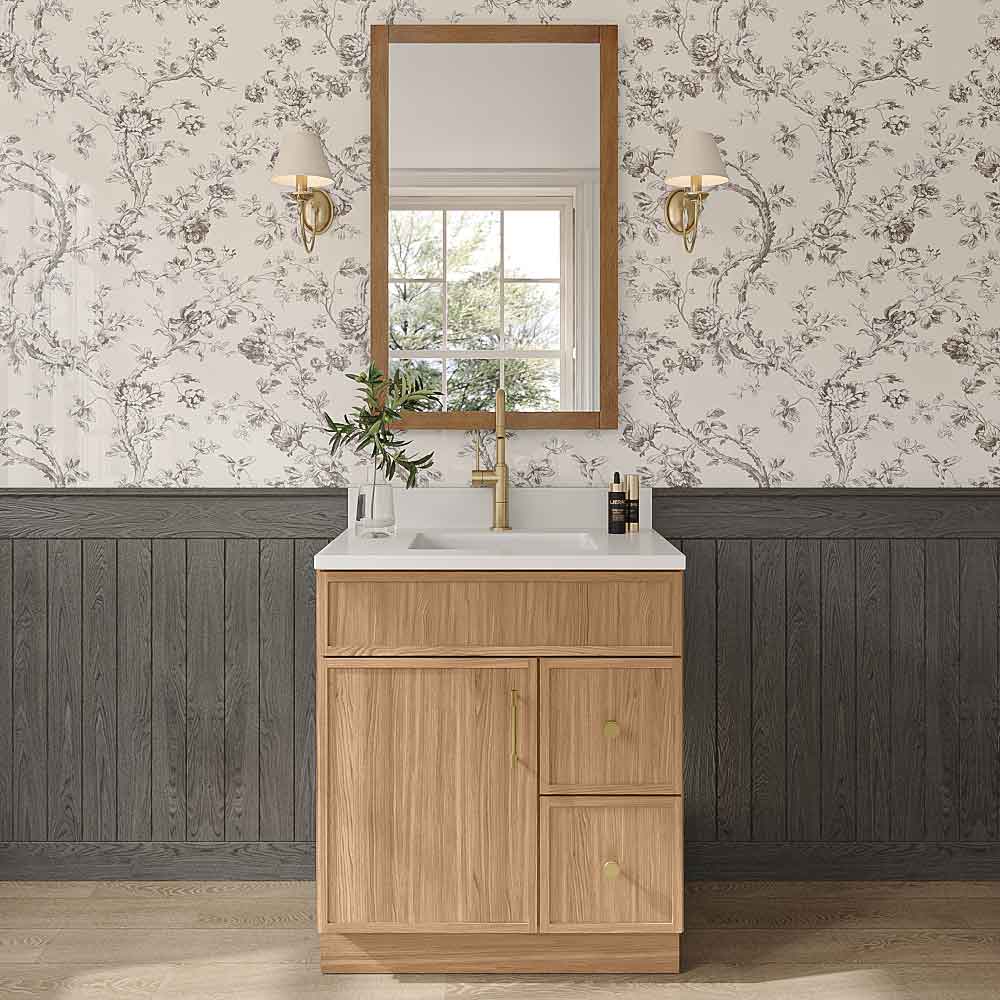 Slim White Oak Vanity Sink Base Right Drawer Stacking Cabinet - 30" W