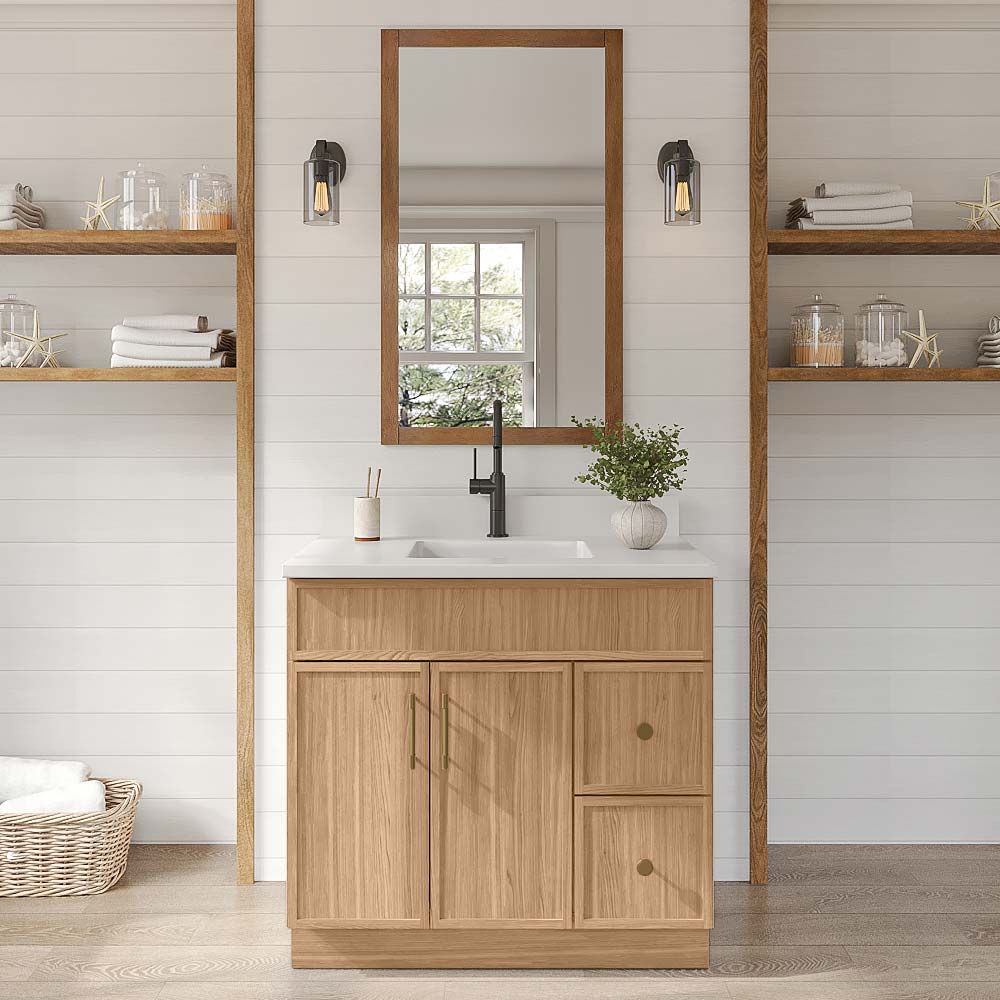 Slim White Oak Vanity Sink Base Right Drawer Stacking Cabinet - 36" W