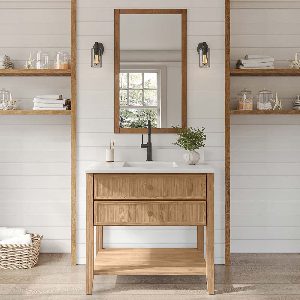 Slim White Oak Open Shelf Vanity Sink Base - 36" W