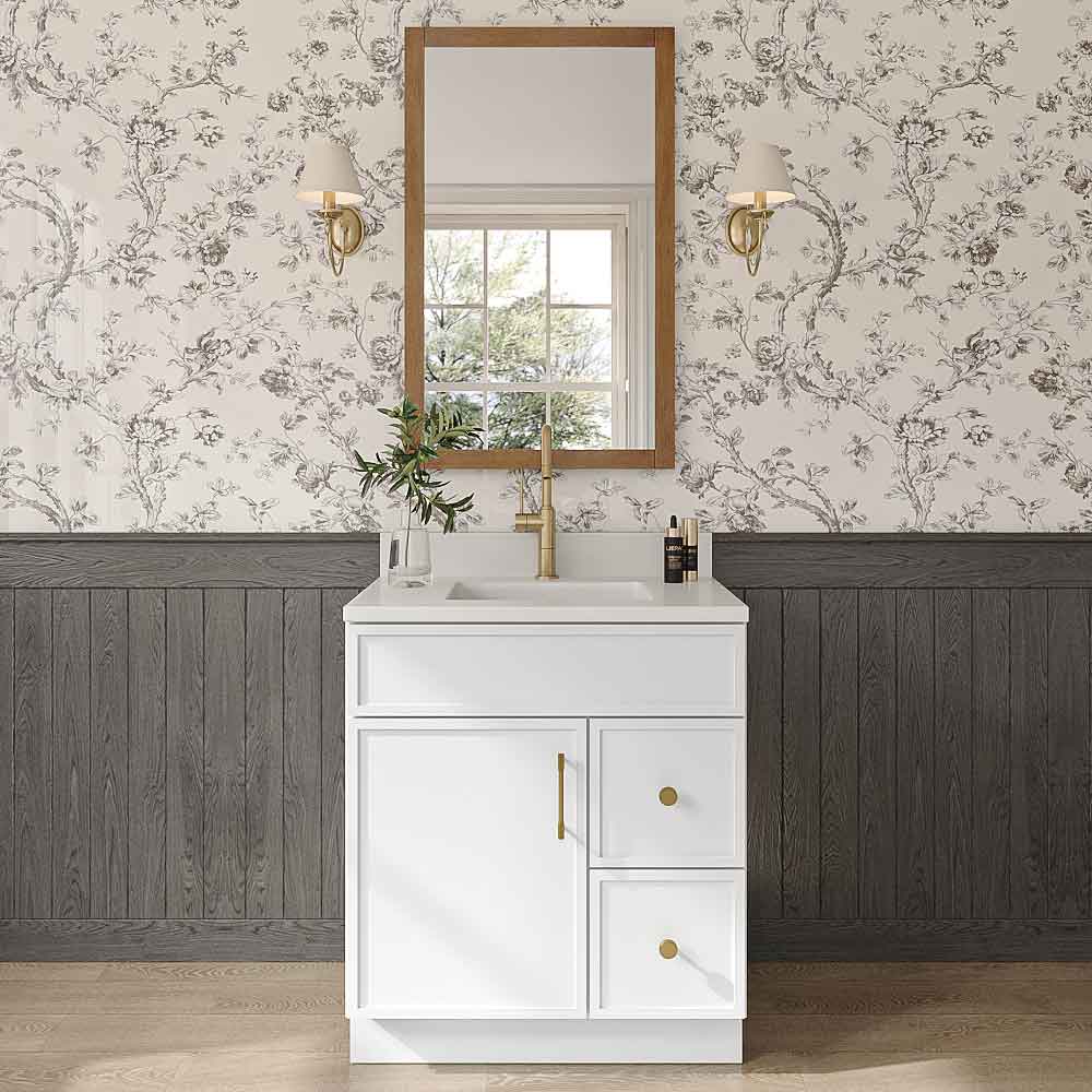 Slim White Shaker Vanity Sink Base Right Drawer Stacking Cabinet - 30" W