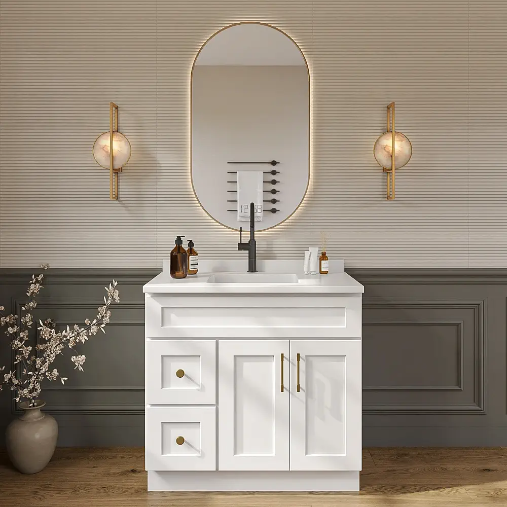 Weston White Shaker Double Door Vanity Combo Cabinet With Left Drawer - 36"W x 34-1/2"H
