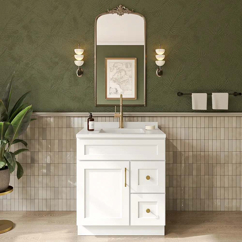 Weston White Shaker Single Door Vanity Combo Cabinet With Right Drawer - 30"W x 34-1/2"H