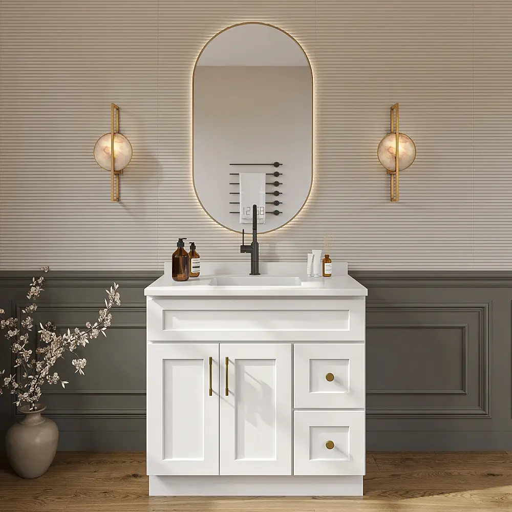Weston White Shaker Double Door Vanity Combo Cabinet with Right Drawer - 36"W x 34-1/2"H