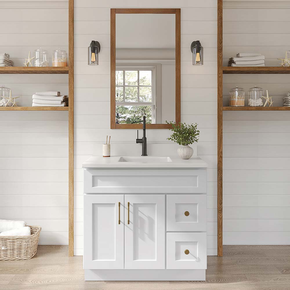 Weston White Shaker Double Door Vanity Combo Cabinet with Right Drawer - 36"W x 34-1/2"H