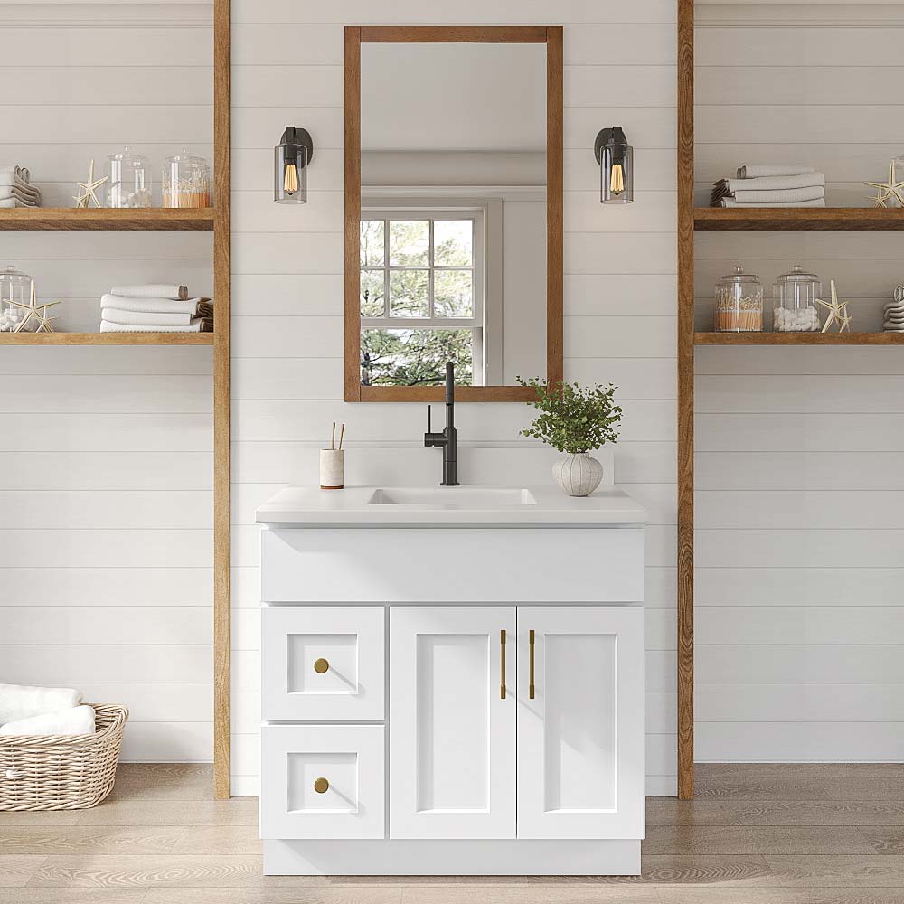Easton White Slab Double Door Vanity Combo Cabinet With Left Drawer - 36"W x 34-1/2"H