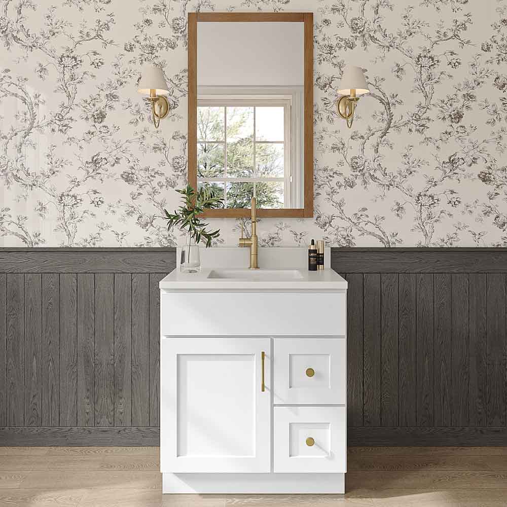 Easton White Slab Single Door Vanity Combo Cabinet With Right Drawer - 30"W x 34-1/2"H