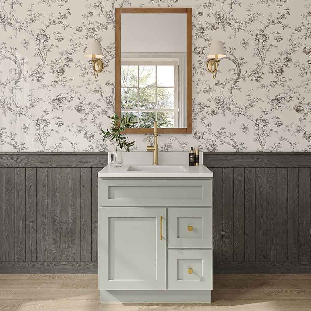 Sage Green Shaker Vanity Sink Base Right Drawer Stacking Cabinet - 30" W