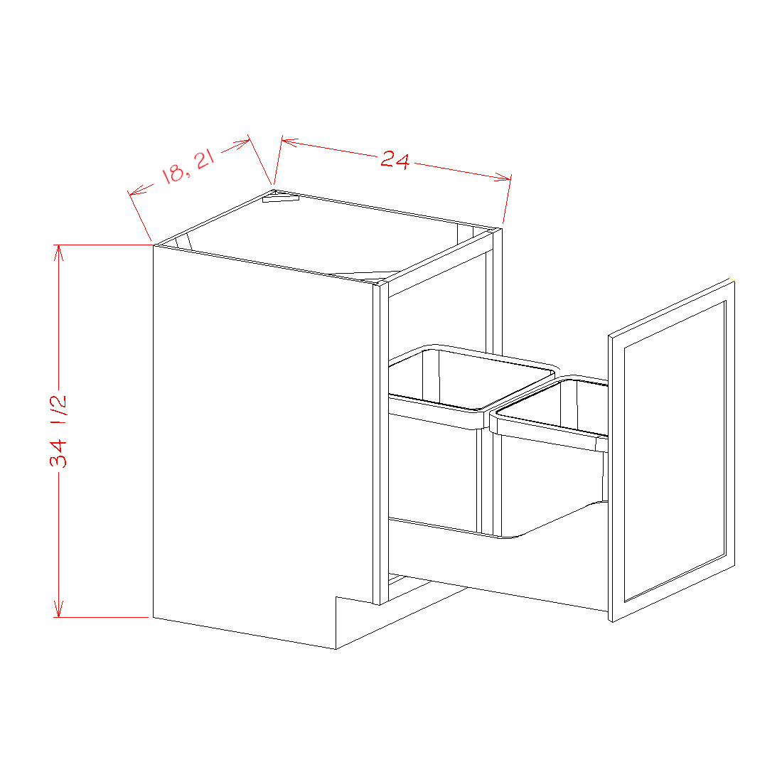 Timber Sand Full Height Door Base with Two Trashcan Pullout - 18"W x 34-1/2"H x 24"D